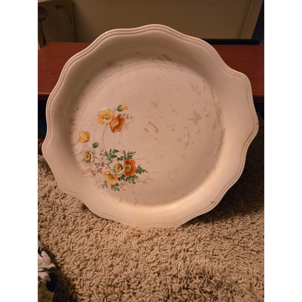 Vintage Scalloped Floral Ceramic Dinner Plate Cream Yellow Orange Crazed Patina